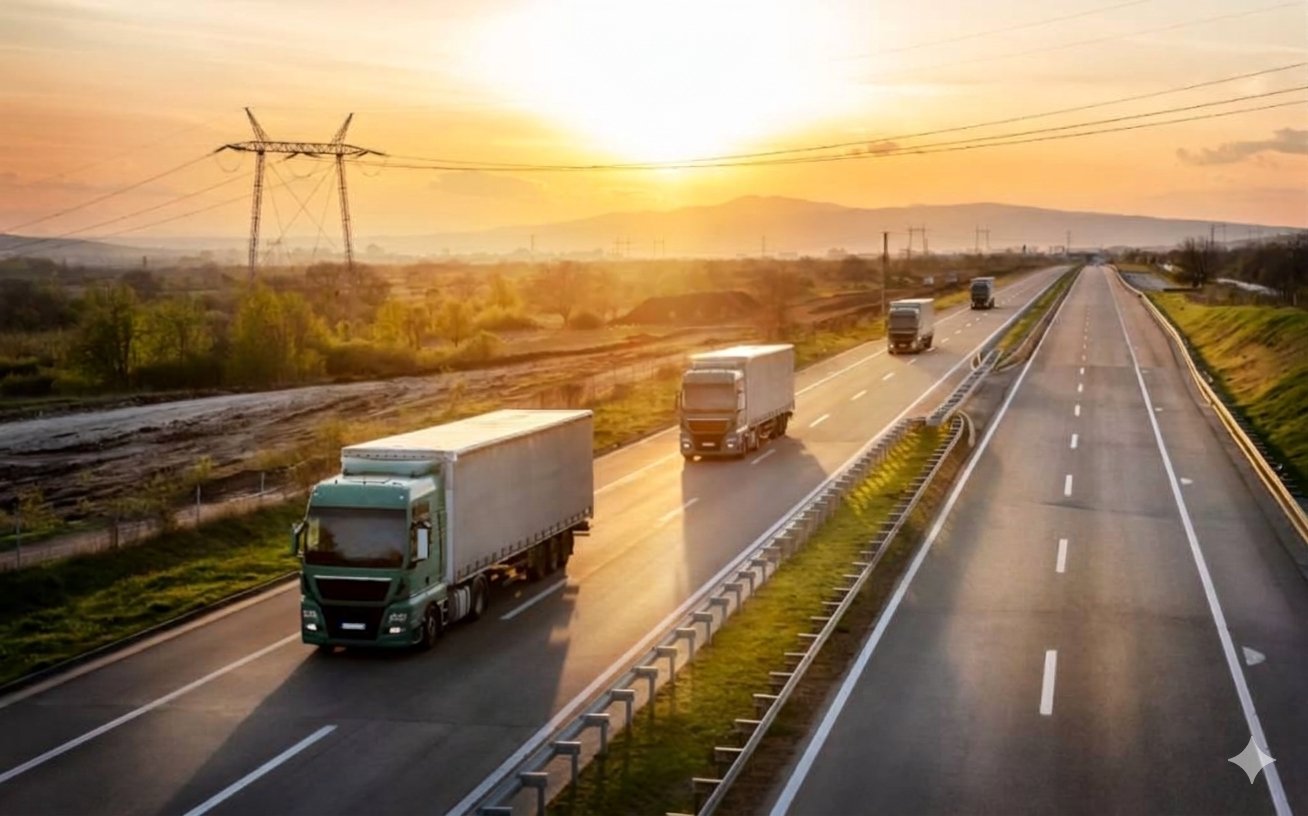 Caminhões trafegando em rodovia ao pôr do sol — RCTR-C, RC-DC, RC-V e Seguro TN